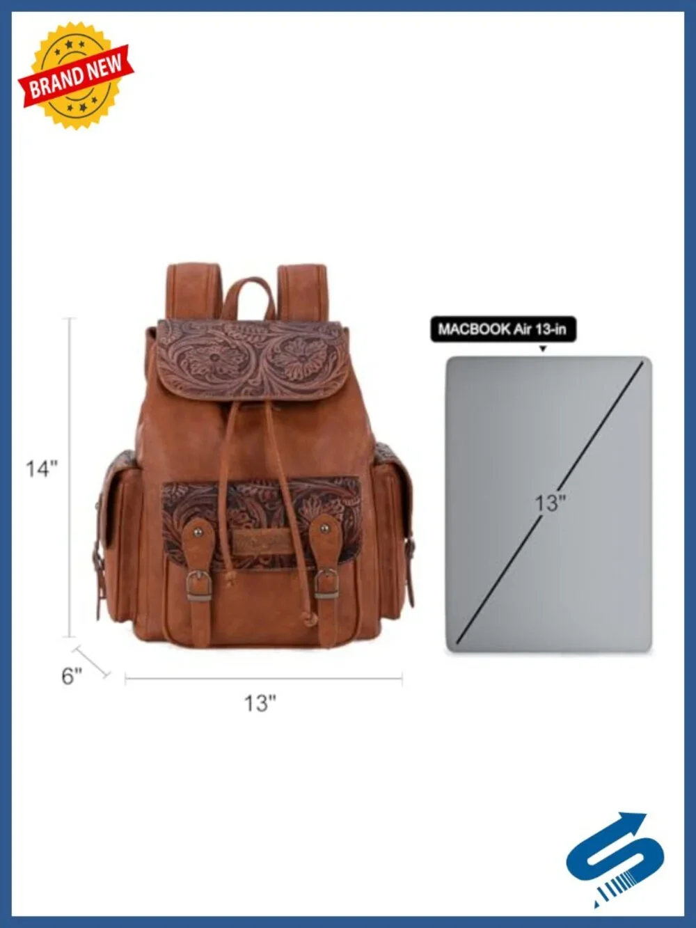 Floral Tooled Western Backpack with Drawstring & Magnetic Closure, Real Leather